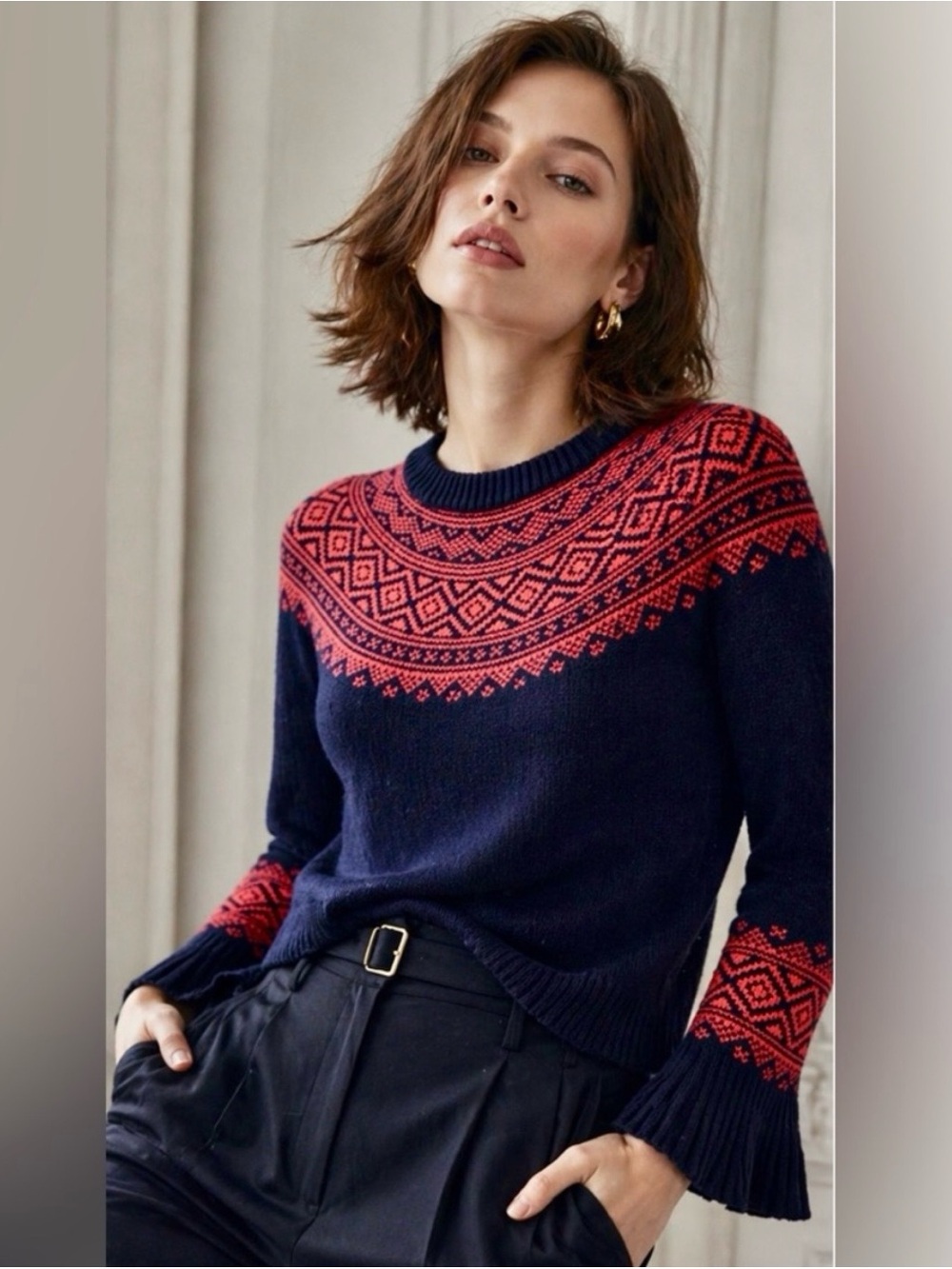 J. Crew Navy Crewneck Sweater with Red Fair Isle Yoke